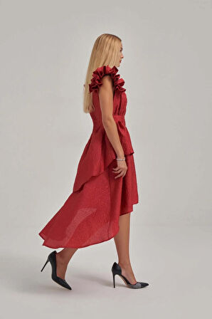 Askısı Büzgü Detaylı Gold Düğmeli Katlı Elbise