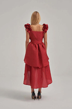 Askısı Büzgü Detaylı Gold Düğmeli Katlı Elbise