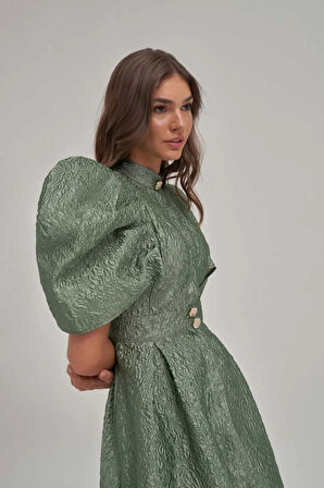 Desenli Özel Kumaş Balon Ve Vatka Görünümlü Midi Elbise