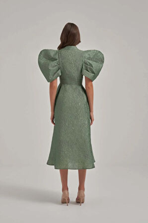 Desenli Özel Kumaş Balon Ve Vatka Görünümlü Midi Elbise