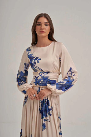 Mavi Desenli Saten Büzgülü Elbise