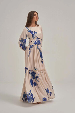 Mavi Desenli Saten Büzgülü Elbise