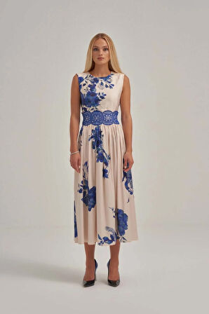 Mavi Desenli Saten Dantel Detaylı Midi Elbise