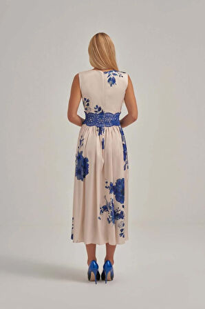 Mavi Desenli Saten Dantel Detaylı Midi Elbise