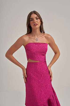 Straplez Çapraz Detaylı Fuşya Elbise