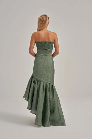 Straplez Çapraz Detaylı Haki Elbise