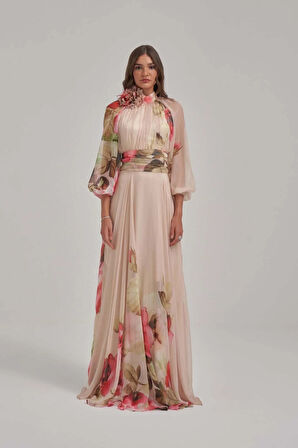 Özel Desen Çiçek Motifli Şifon Elbise