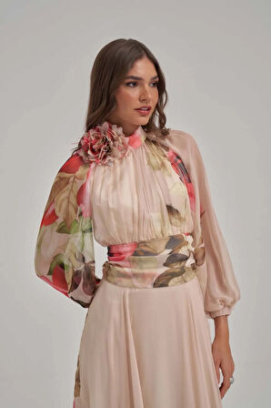 Özel Desen Çiçek Motifli Şifon Elbise