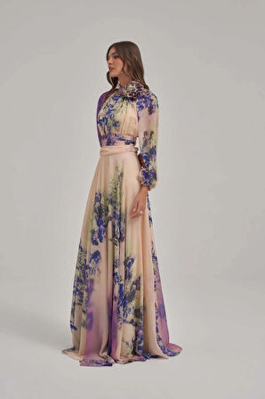 Özel Mor Desen Çiçek Motifli Şifon Elbise