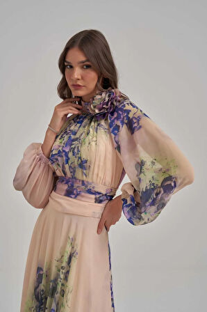 Özel Mor Desen Çiçek Motifli Şifon Elbise