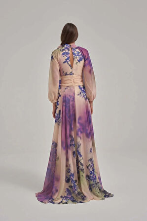 Özel Mor Desen Çiçek Motifli Şifon Elbise