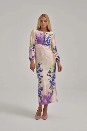 Özel Mor Desen Saten Midi Elbise