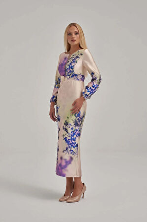 Özel Mor Desen Saten Midi Elbise