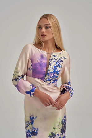 Özel Mor Desen Saten Midi Elbise