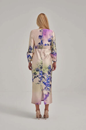 Özel Mor Desen Saten Midi Elbise