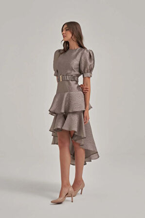 Balon Kol Katlı Jakar Kumaş Haki Elbise