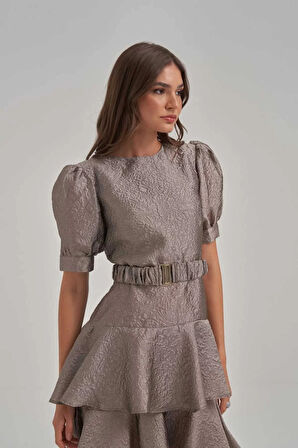 Balon Kol Katlı Jakar Kumaş Haki Elbise