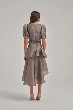 Balon Kol Katlı Jakar Kumaş Haki Elbise