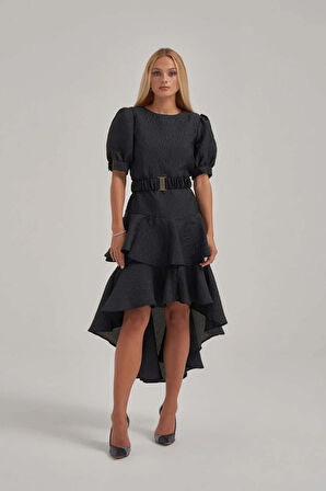 Balon Kol Katlı Jakar Kumaş Siyah Elbise