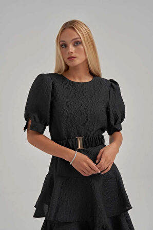 Balon Kol Katlı Jakar Kumaş Siyah Elbise