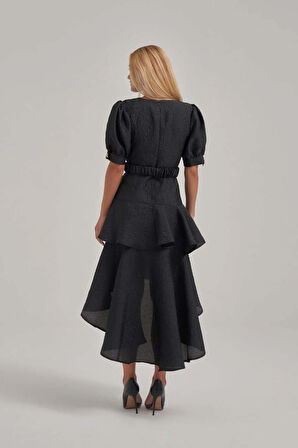 Balon Kol Katlı Jakar Kumaş Siyah Elbise