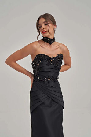 Taş Ve Motif İşlemeli Kaplı Siyah Tafta Abiye