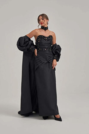 Taş Ve Motif İşlemeli Kaplı Siyah Tafta Abiye