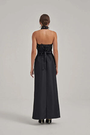 Taş Ve Motif İşlemeli Kaplı Siyah Tafta Abiye