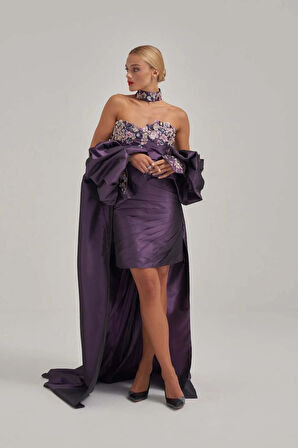 Taş Ve Motif İşlemeli Kaplı Mor Tafta Abiye