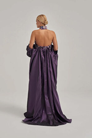 Taş Ve Motif İşlemeli Kaplı Mor Tafta Abiye