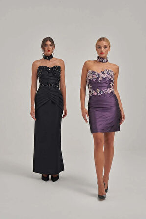 Taş Ve Motif İşlemeli Kaplı Mor Tafta Abiye