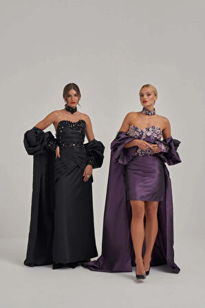 Taş Ve Motif İşlemeli Kaplı Mor Tafta Abiye