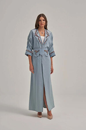 Kol Büzgülü Taş İşlemeli Kot Uzun Ceket