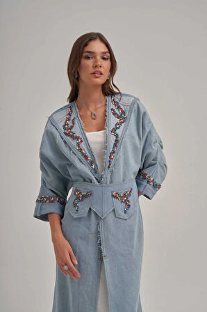 Kol Büzgülü Taş İşlemeli Kot Uzun Ceket