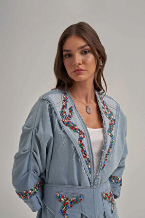 Kol Büzgülü Taş İşlemeli Kot Uzun Ceket