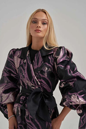 Işıltılı Gece Moru Kol Fiyonk Detaylı Uzun Ceket