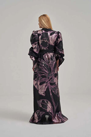 Işıltılı Gece Moru Kol Fiyonk Detaylı Uzun Ceket