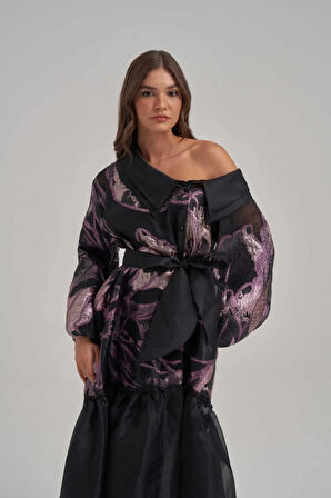 Işıltılı Gece Moru Omuz Dekolteli Organze Uzun Elbise