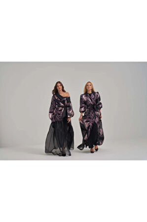 Işıltılı Gece Moru Omuz Dekolteli Organze Uzun Elbise