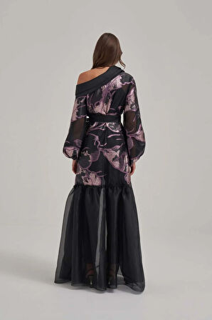 Işıltılı Gece Moru Omuz Dekolteli Organze Uzun Elbise