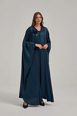 Işıltılı Gece Mavisi Çiçek Motifli Abaya