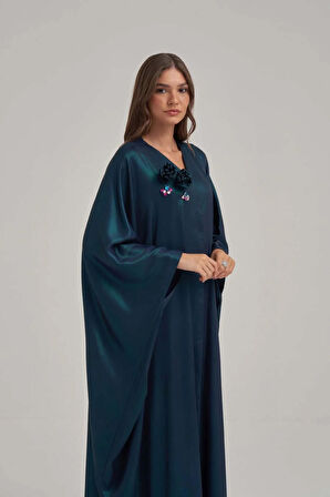 Işıltılı Gece Mavisi Çiçek Motifli Abaya