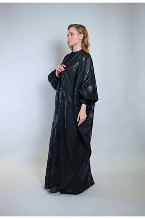 Işıltılı Siyah Jakar Kumaş Ve İç Elbiseli Sendi Kumaş İkili Takım Abaya