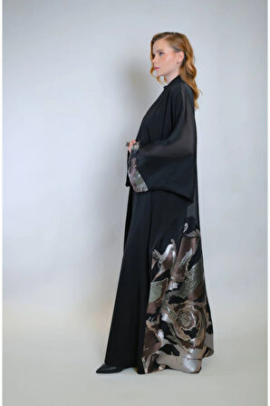 Kol Ucu Cep Detaylı Jakar Kumaş Ve İç Elbiseli Sendi Kumaş İkili Takım Abaya