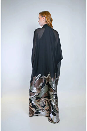 Kol Ucu Cep Detaylı Jakar Kumaş Ve İç Elbiseli Sendi Kumaş İkili Takım Abaya