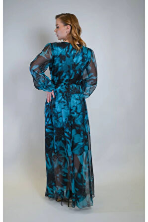 Turkuaz Şifon Kumaş Katlı Elbise