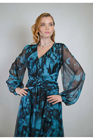 Turkuaz Şifon Kumaş Katlı Elbise