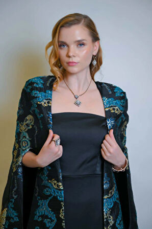 Özel Turkuaz Desen Jakar Kumaş Ve Straplez Saten Elbise Kaftan Set