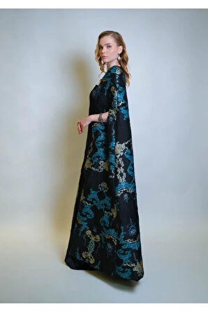 Özel Turkuaz Desen Jakar Kumaş Ve Straplez Saten Elbise Kaftan Set