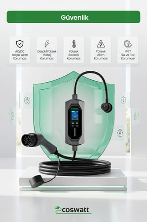 Coswatt Taşınabilir EV Şarj Cihazı CS-P1-16A / 3.5kW / 5M / Türkçe / 220V AC / Tip-2 / 2x16A Ev Tipi Fiş